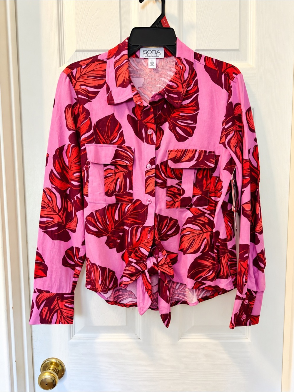 sofia by sofia vergara Pink and Red Tropical Tie-Front Button Down Shirt